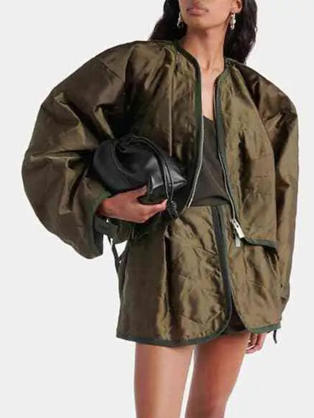 SACAI Khaki Green SATIN QUILTED BLOUSON Bomber Oversized Jacket 1 / S